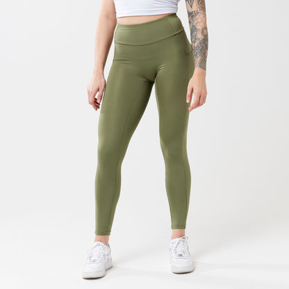 Model wearing sagewood leggings for use in active lifestyles as well as casual living.