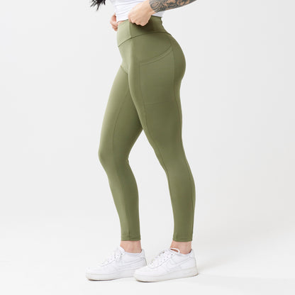 Model wearing sagewood leggings for use in active lifestyles as well as casual living.